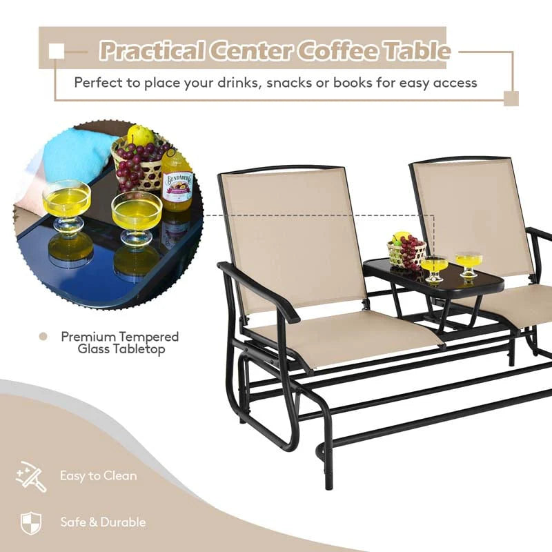 2-Person Outdoor Bench Glider Chair With Center Table, Mesh Fabric, 57 x 28 x 38 in