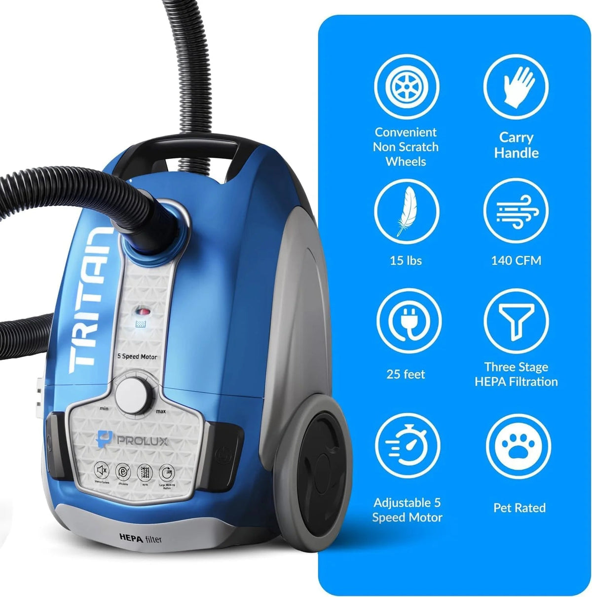 Prolux Canister Vacuum With Sealed HEPA Filtration And 12 Amp Motor - Tritan