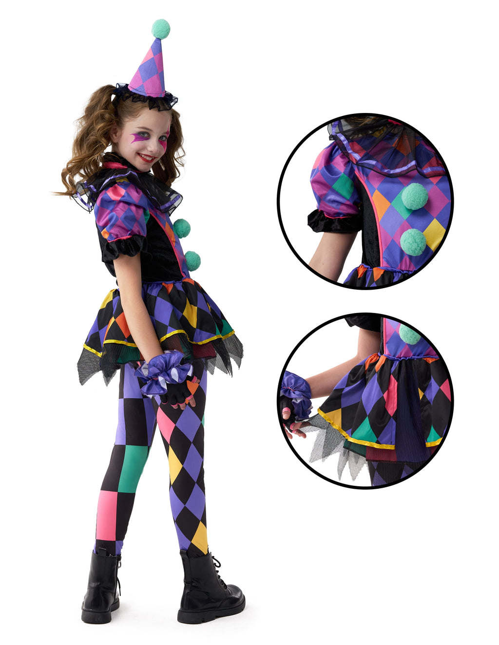Joyfy Girls Clown Costume, Halloween Scary Clown Costume, Dark Colorful Twisted Clown Jester Dress for Girls Halloween Dress Up, Role Play, Cosplay Party