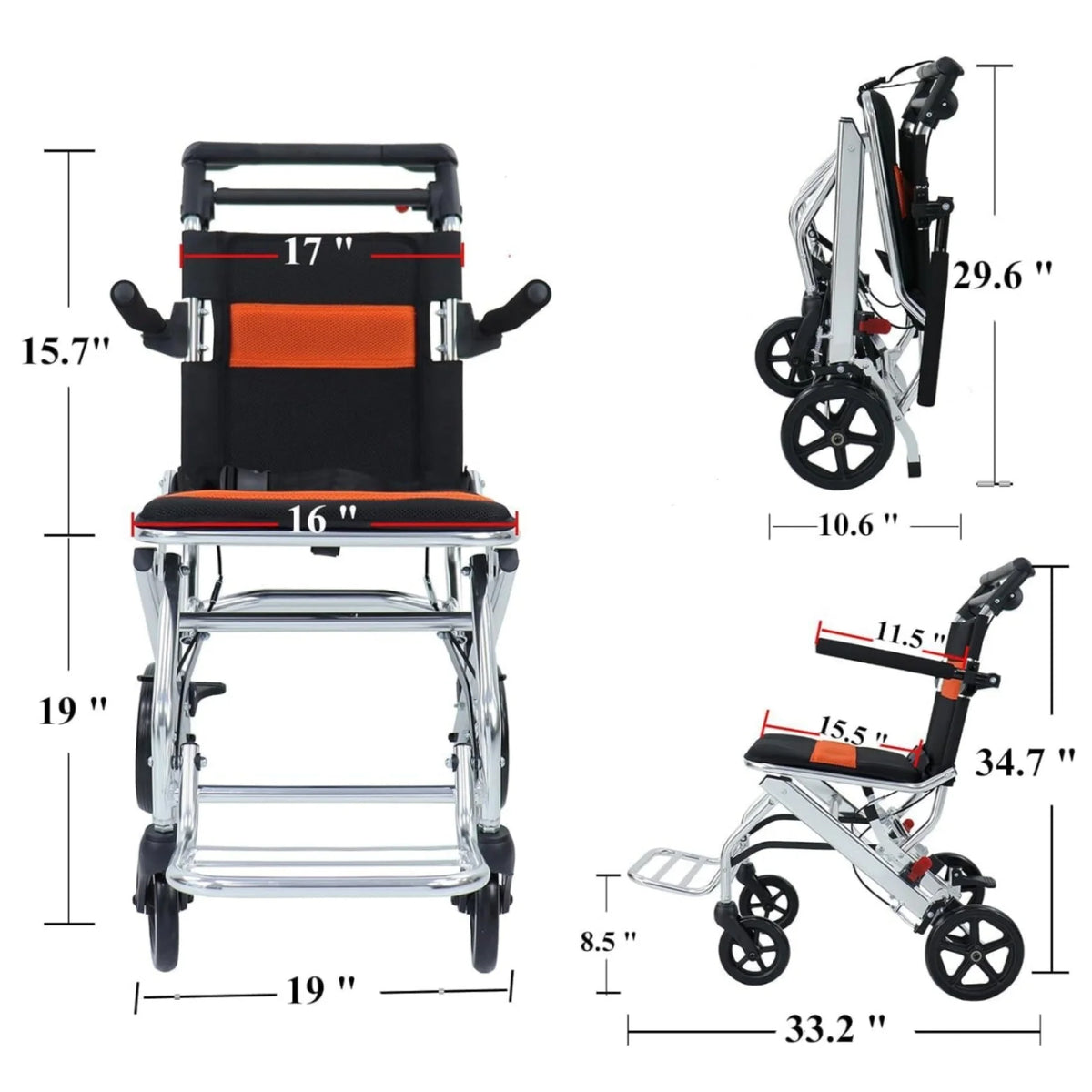 Ultra-Light Portable Folding Transport Wheelchair With Handbrake, 16.5 lbs, 220 lbs Capacity, 34.2 x 32.6 Unfolded Dimensions