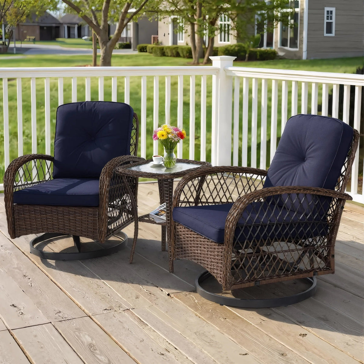 3-Piece Patio Swivel Rocking Chair Set With Glass Top Table - 2 Chairs