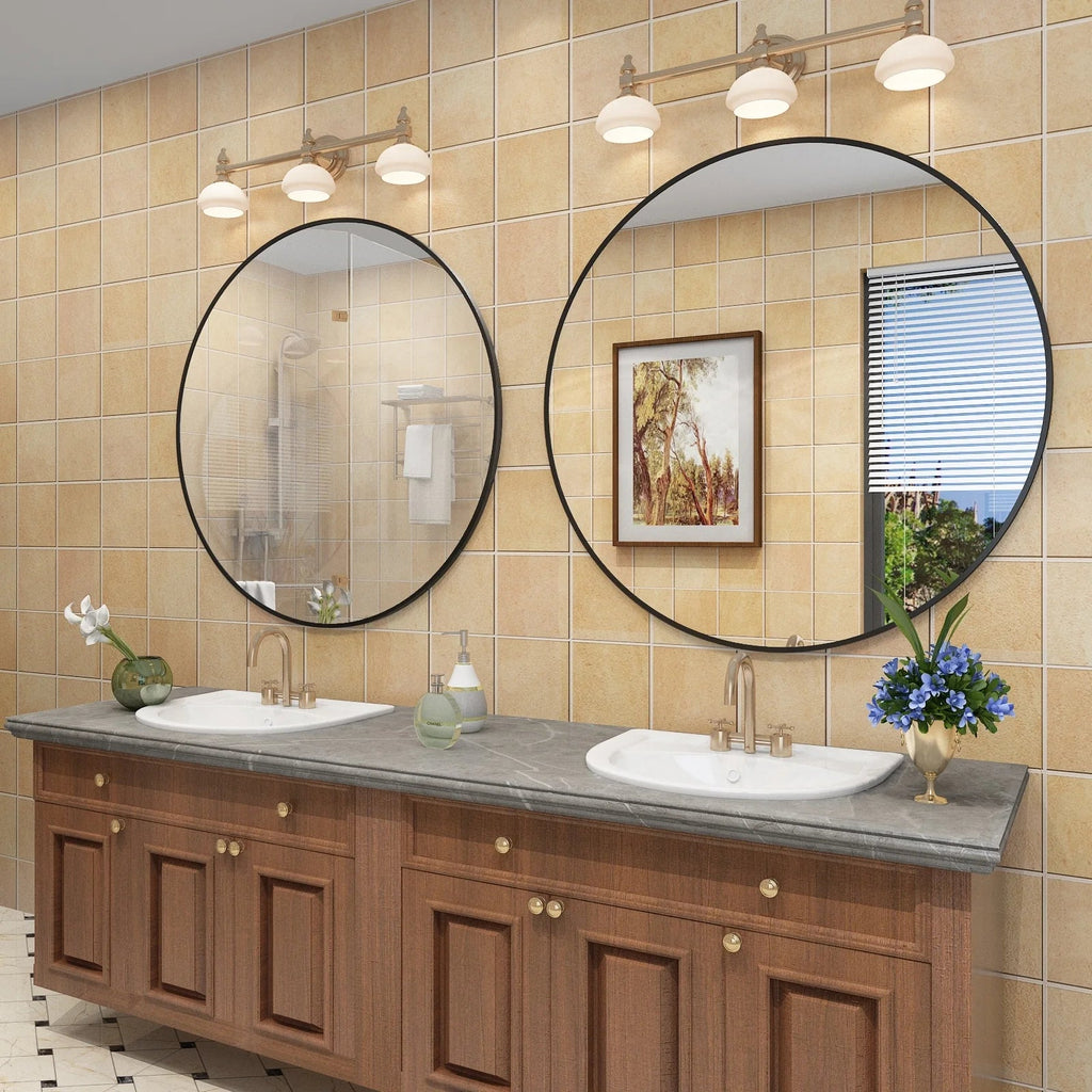 Round Metal Black Frame Bathroom Vanity Mirror - Wall Mounted