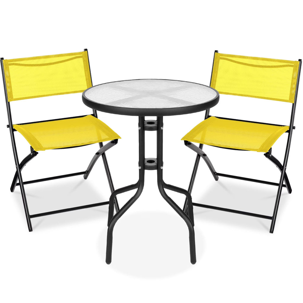 Best Choice Products 3-Piece Patio Bistro Dining Set With Glass Tabletop And Folding Chairs - Gray
