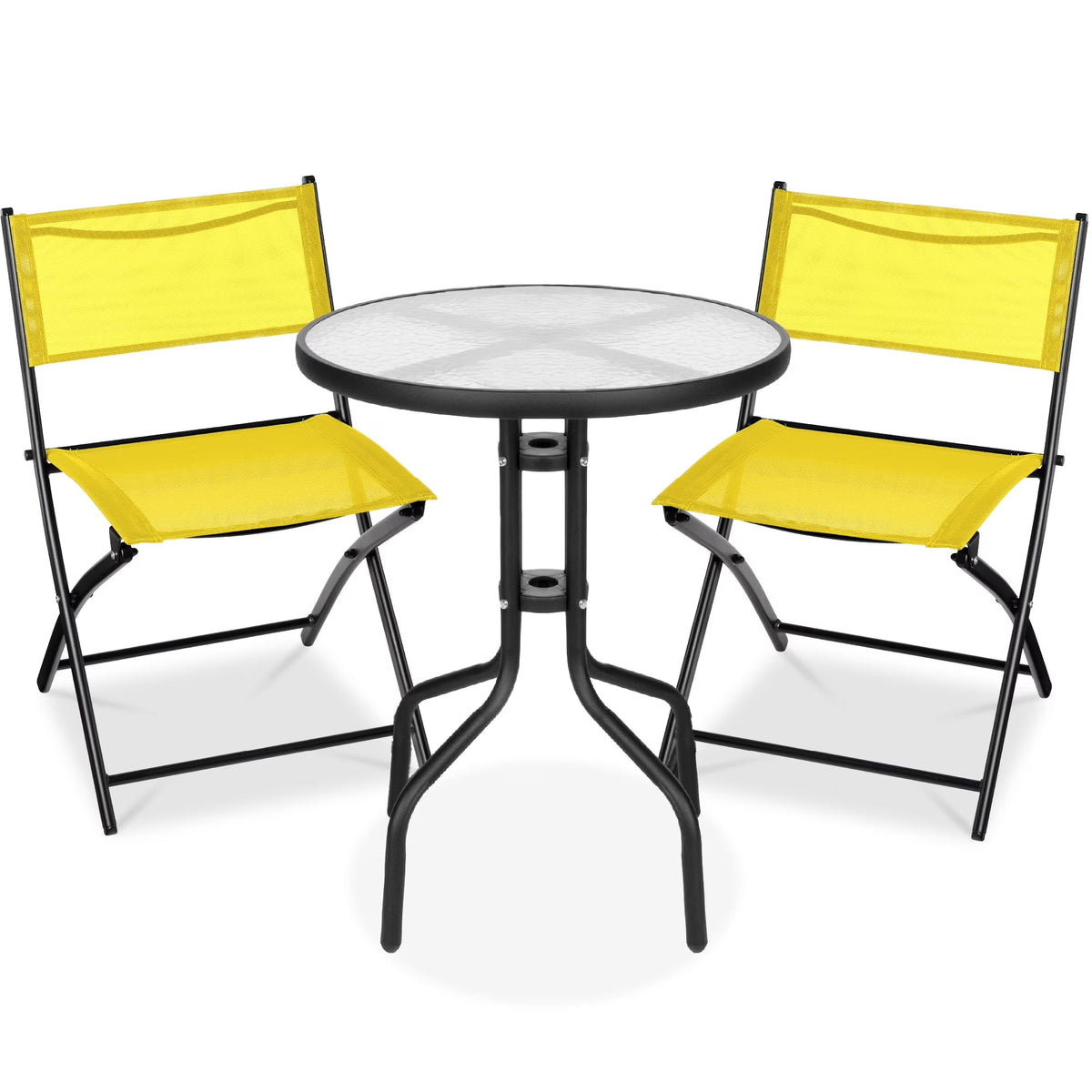 Best Choice Products 3-Piece Patio Bistro Dining Set With Glass Tabletop And Folding Chairs - Gray