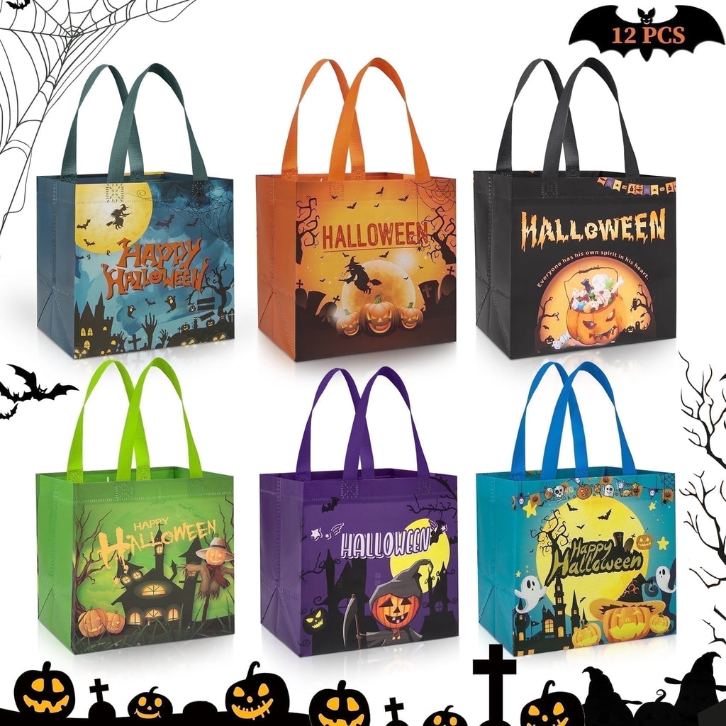 HiberyHom 12 Pcs Halloween Trick or Treat Bags with Handles, Gift Bags & Party Favor Bags for Kids, 8.27 x 5.91 x 7.87 inches
