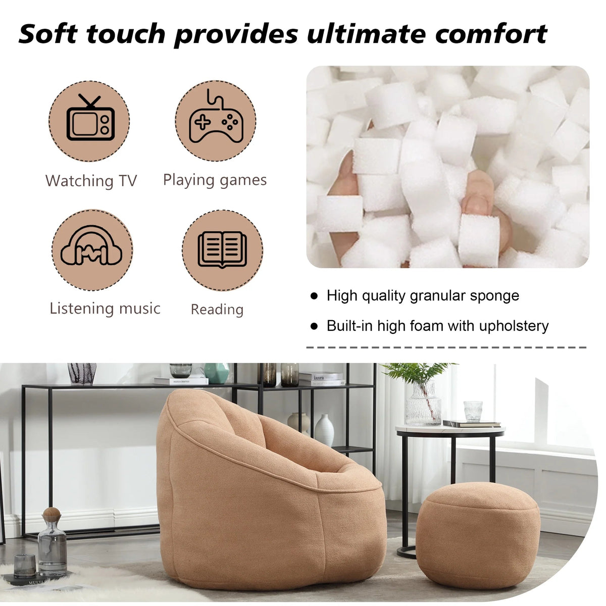 MOONMISS Microfiber Upholstered Round Bean Bag Sofa Chair With Ottoman - Gray