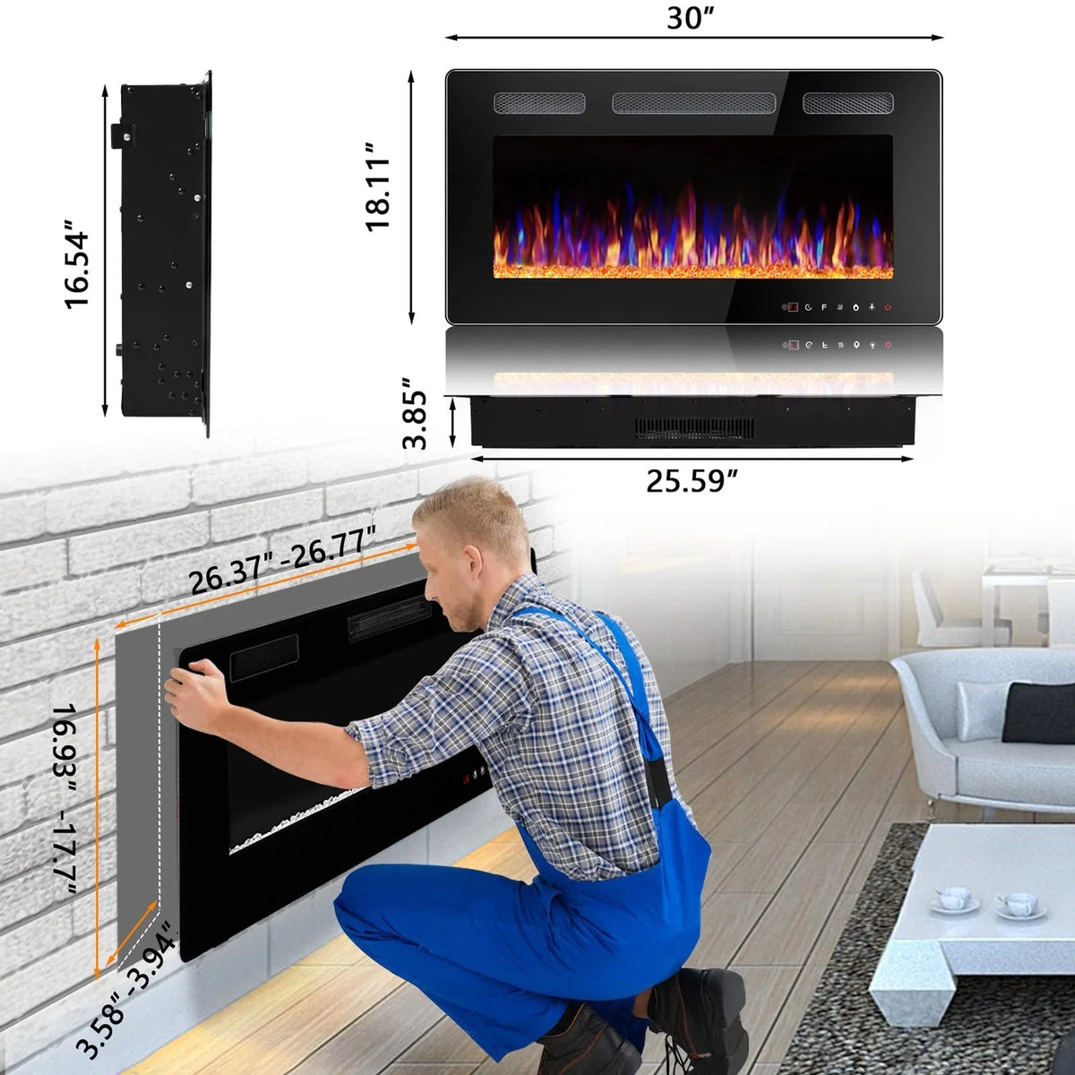 Ultra-Thin Linear Electric Fireplace, 30-72 Inch, Wall Mounted/Recessed