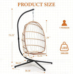 Yechen Indoor Outdoor Wicker Hanging Egg Chair With Stand, 38 x 38 x 78 Inches, 350 lbs, Charcoal Grey - EG-001