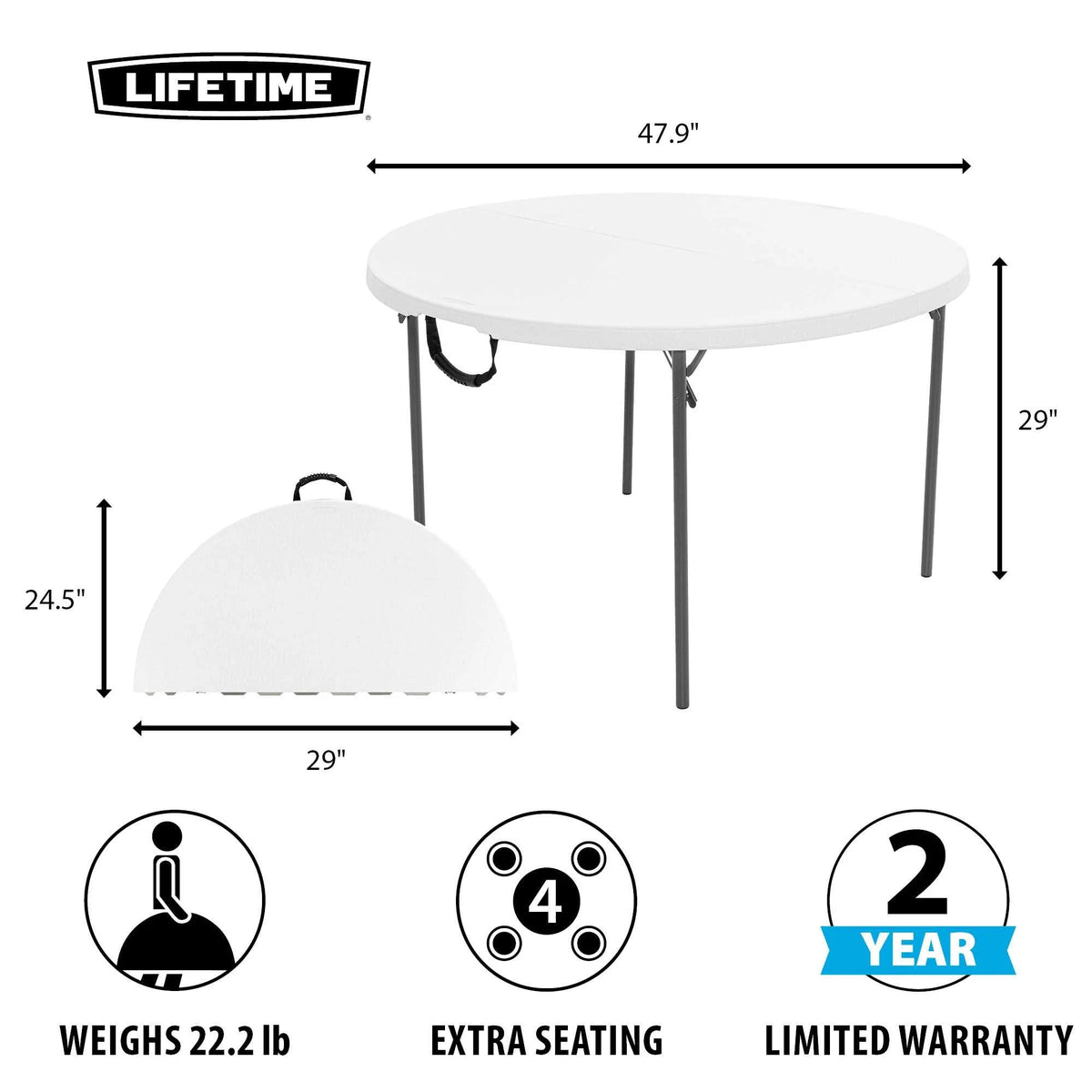 Lifetime 48 inch Round Fold-In-Half Table, White Granite - 280064