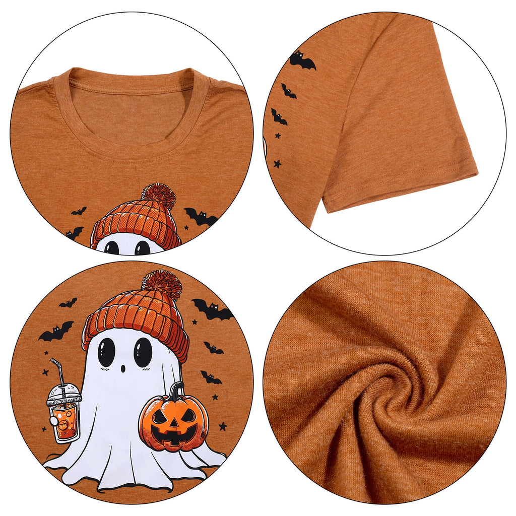 KimSoong Women Halloween T-Shirt Cute Ghost Fall Pumpkin Graphic Shirt Coffee Lover Tees Short Sleeve Tops