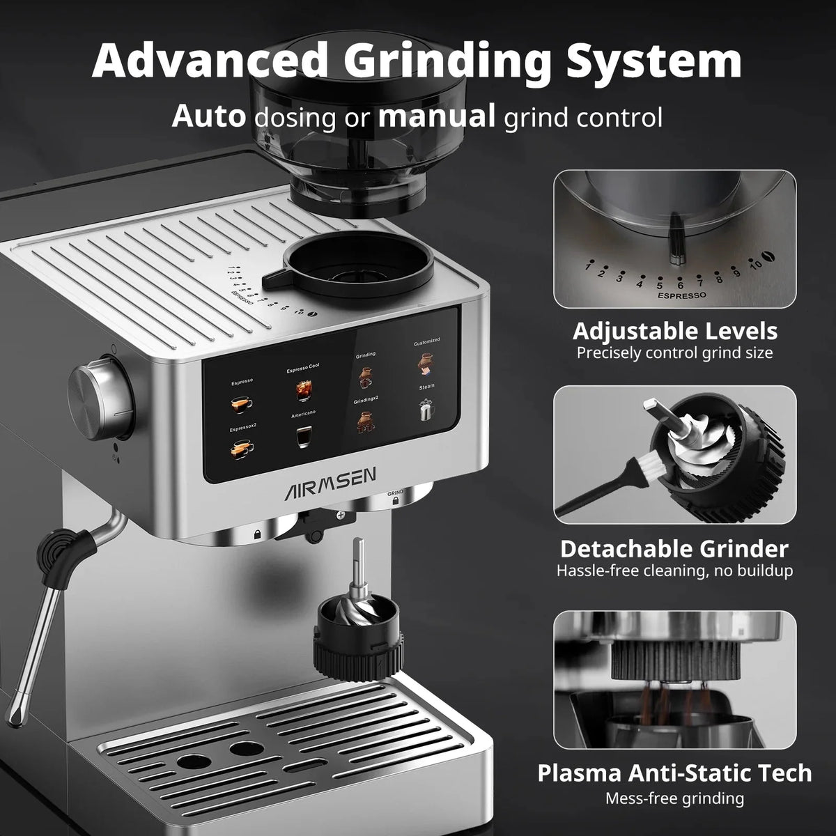 AIRMSEN Espresso Machine With Grinder, 20-Bar, 1350W, 63oz, Brushed Stainless Steel