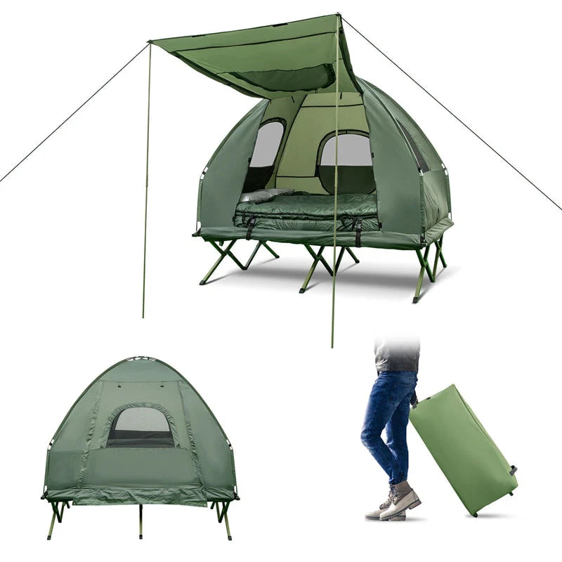 5-in-1 2-Person Portable Camping Tent Cot With Air Mattress, Sleeping Bags And Sunshade - Green & Blue