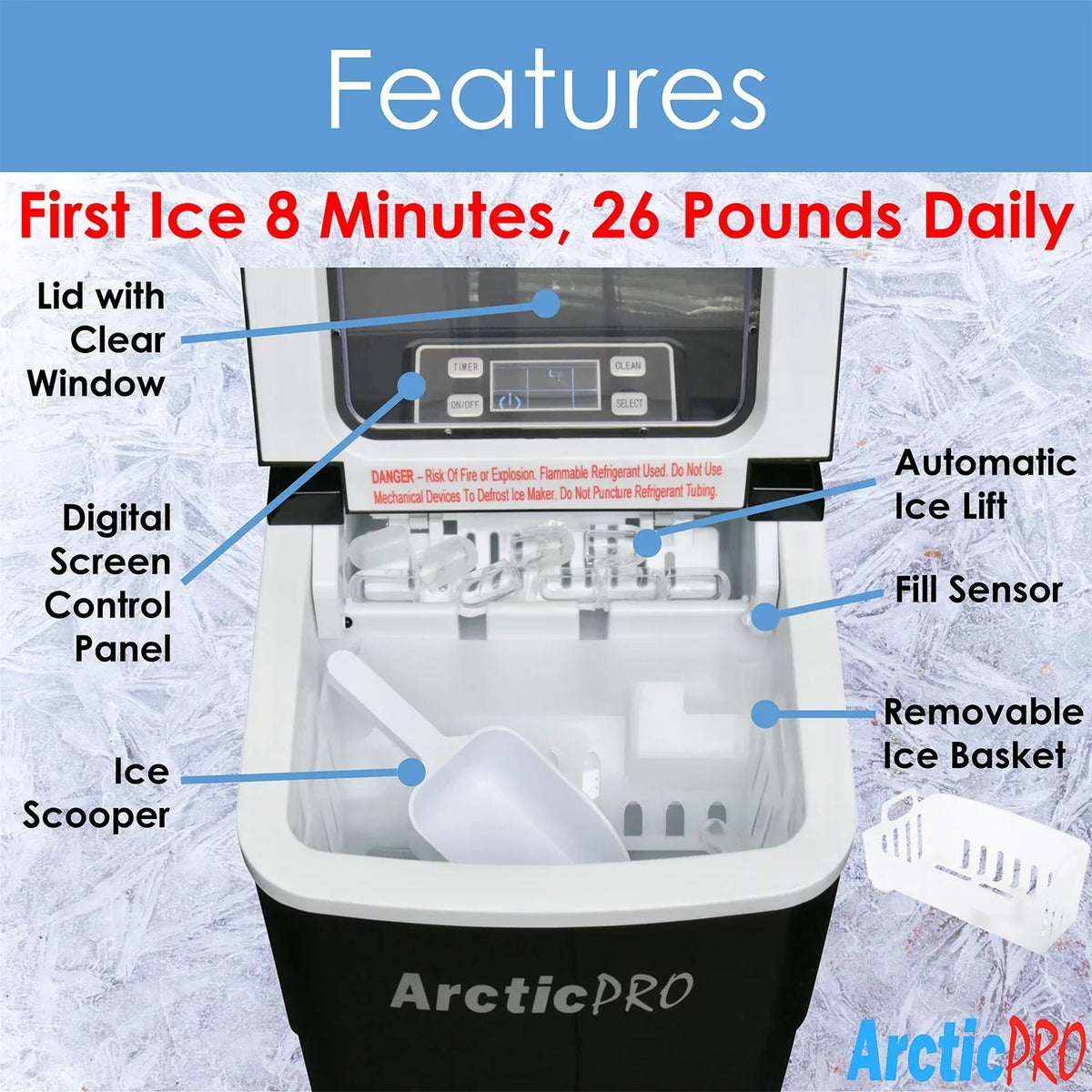 Arctic-Pro Portable Digital Ice Maker Machine, 26 Pounds Daily, Black, 11.5x8.7x12.5 Inches