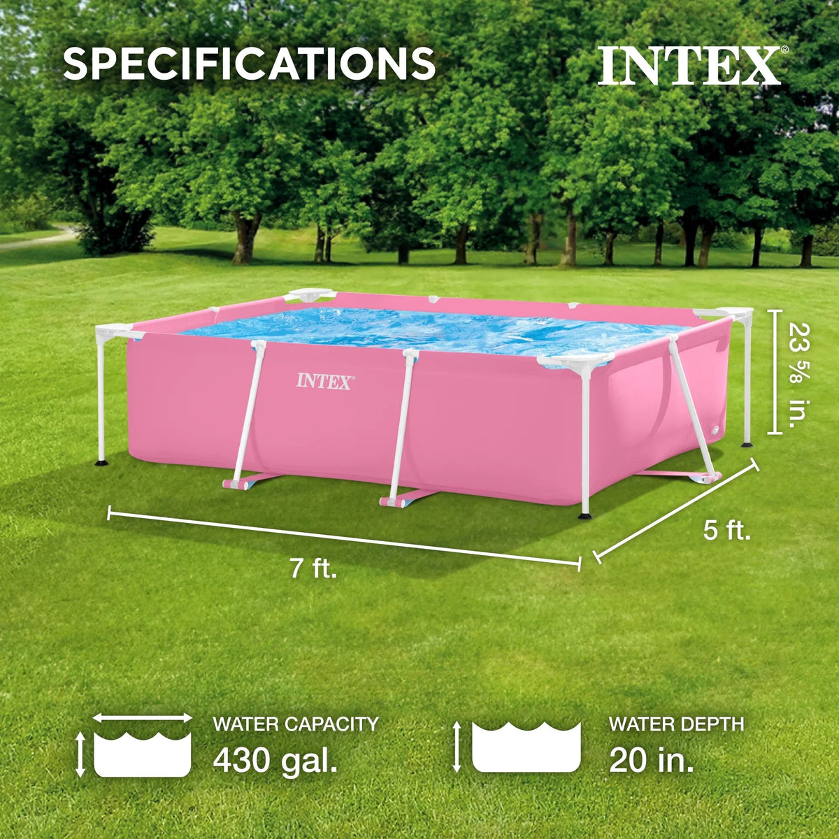 INTEX Rectangular Metal Frame Above Ground Swimming Pool, Pink, 7ft x 23in