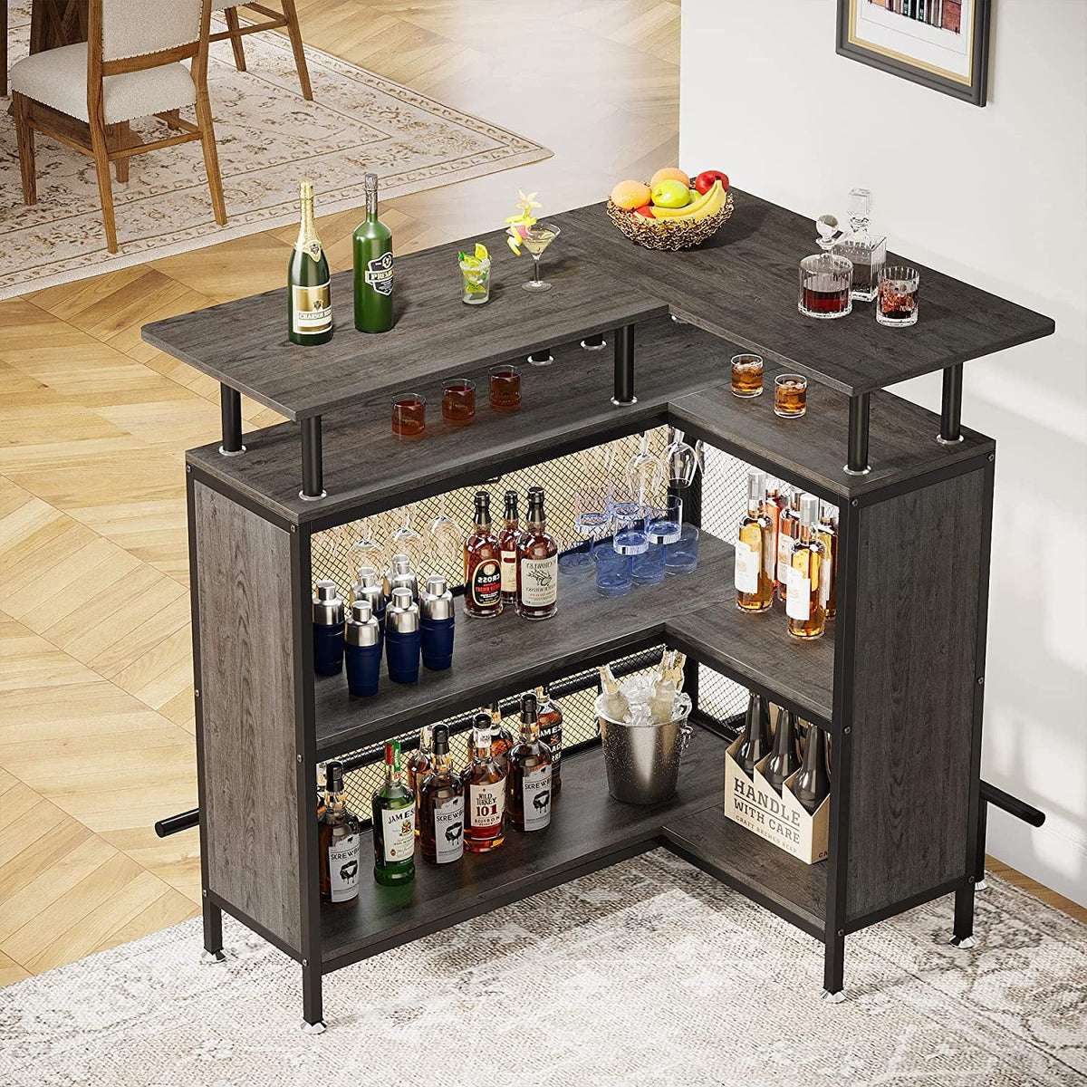 FJU L-Shaped Home Bar Unit With Stemware Racks, 2-Tier Shelves And Footrest - Gray