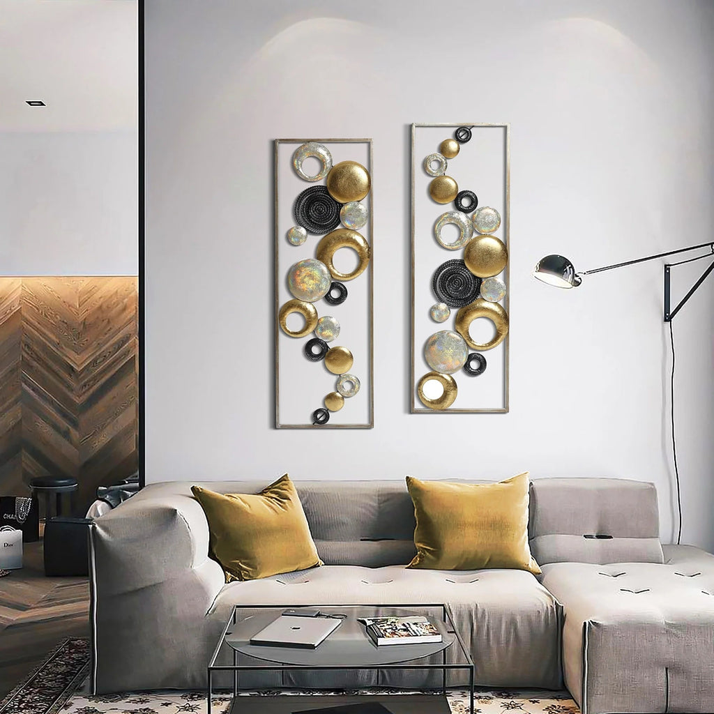 Modern Abstract Metal Wall Decor Panels, Set Of 2, Gold Silver And Black