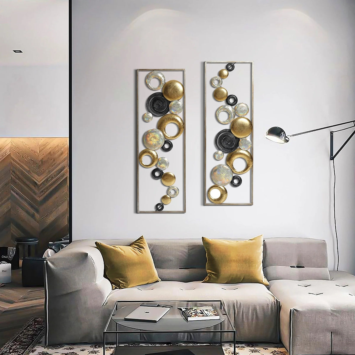 Modern Abstract Metal Wall Decor Panels, Set Of 2, Gold Silver And Black