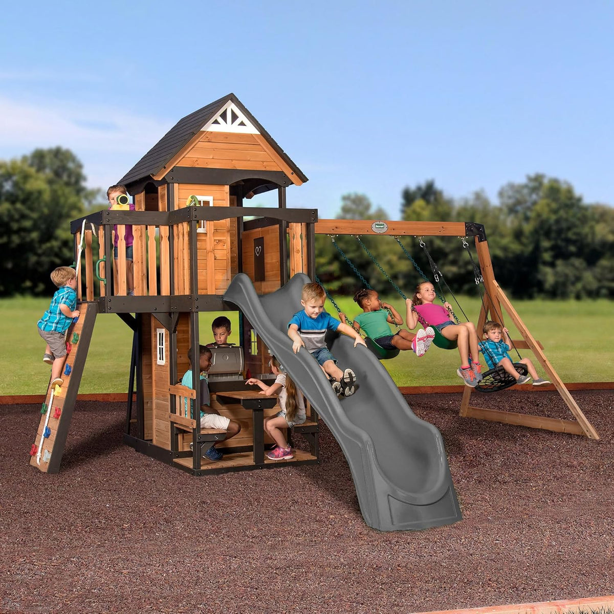 Backyard Discovery Canyon Creek Cedar Wood Swing Set With 8-Foot Wave Slide, Clubhouse And Play Kitchen