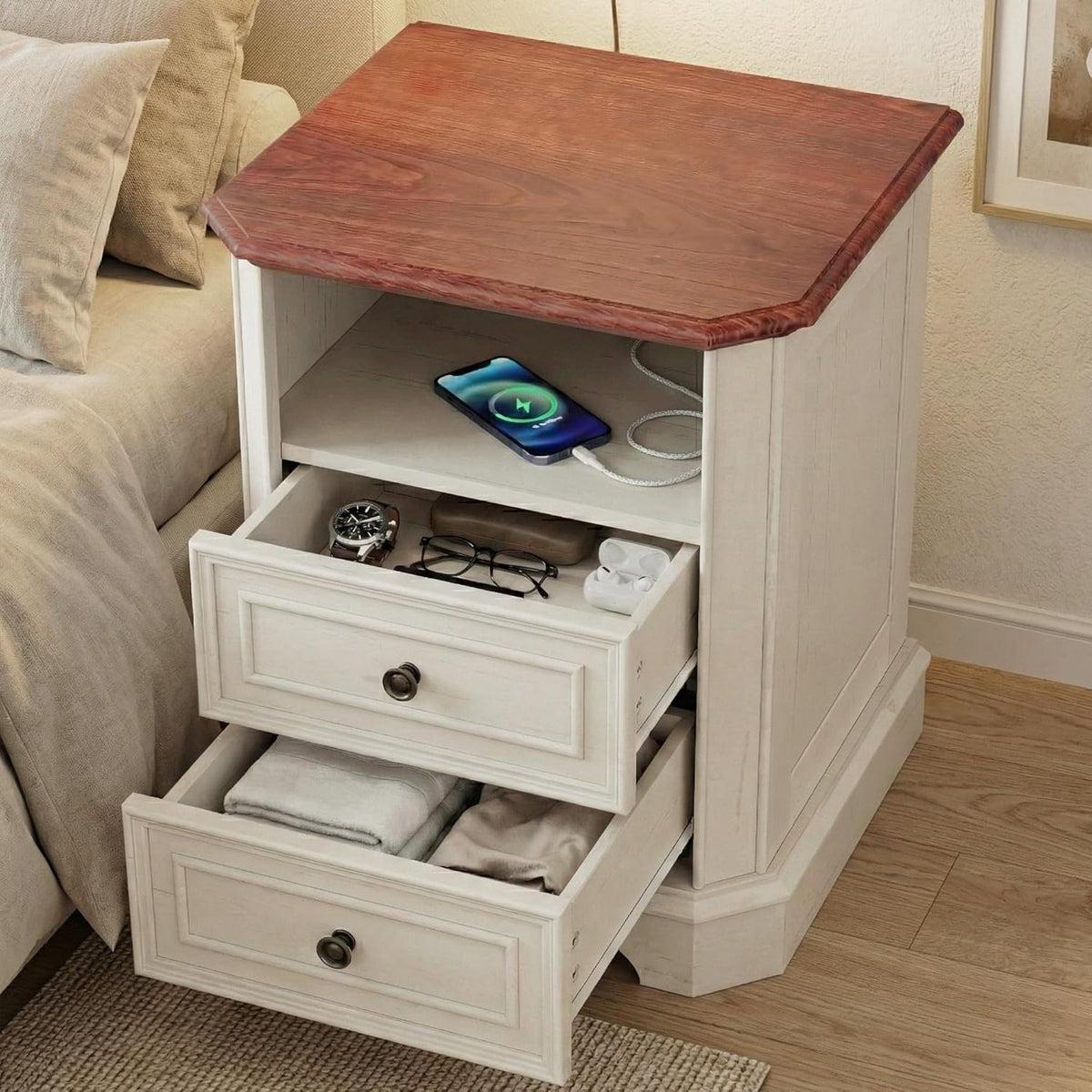 24in White Nightstands With Charging Station, 2 Drawers And Open Shelf - Set Of 2
