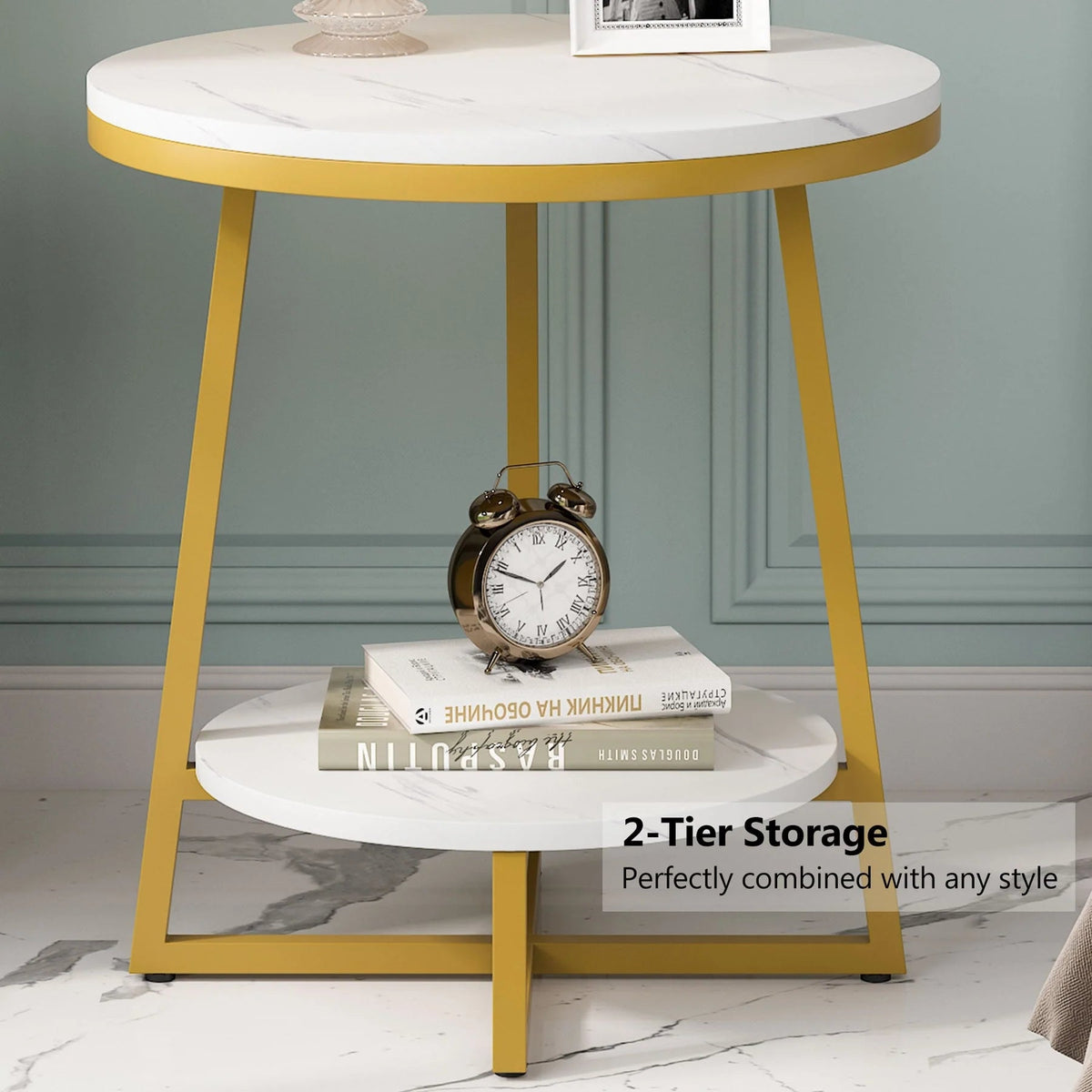 Industrial Round End Table With 2-Tier Storage