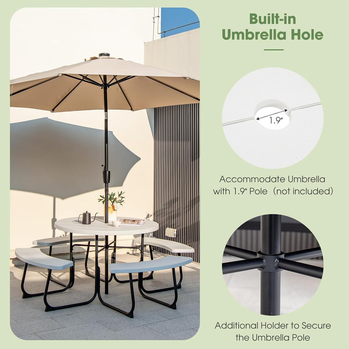 Giantex Round Outdoor Picnic Table And Bench Set, 43in, White, Up To 8 Persons