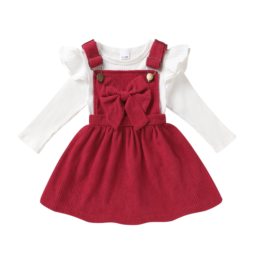 Younger Tree Toddler Baby Girl Fall Dress Outfit Long Sleeve Top Strap Dress Overall with Pocket Clothes Set for 2-3T
