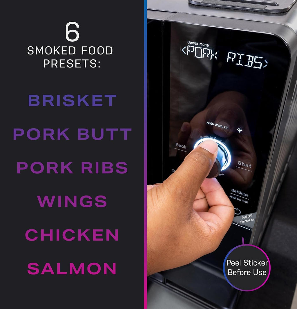 Smart Indoor Electric Countertop Pellet Smoker With Active Smoke Filtration, 5 Smoke Settings, WiFi Connectivity - Black