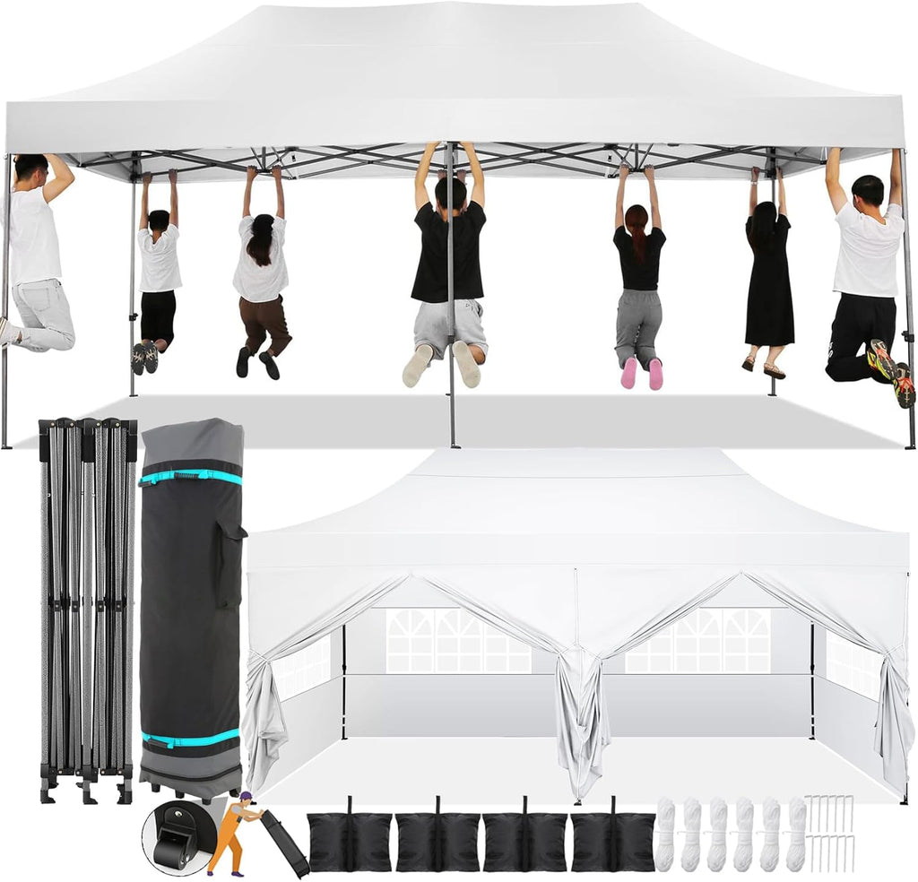 COBIZI Pop-Up Canopy 10 x 20 ft, White, 6 Sidewalls