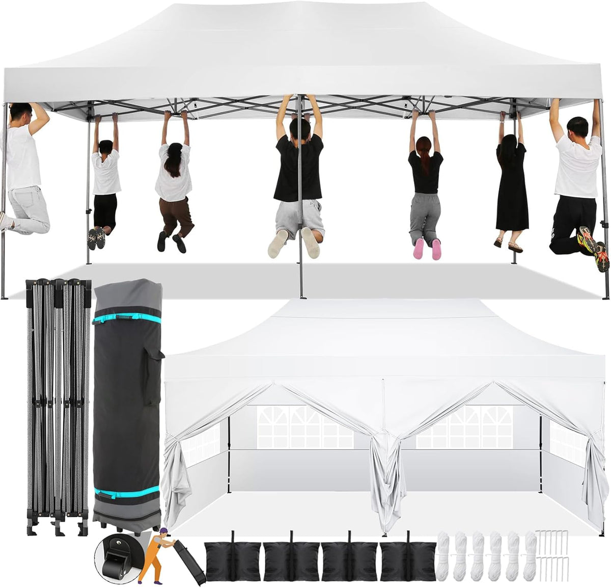 COBIZI Pop-Up Canopy 10 x 20 ft, White, 6 Sidewalls