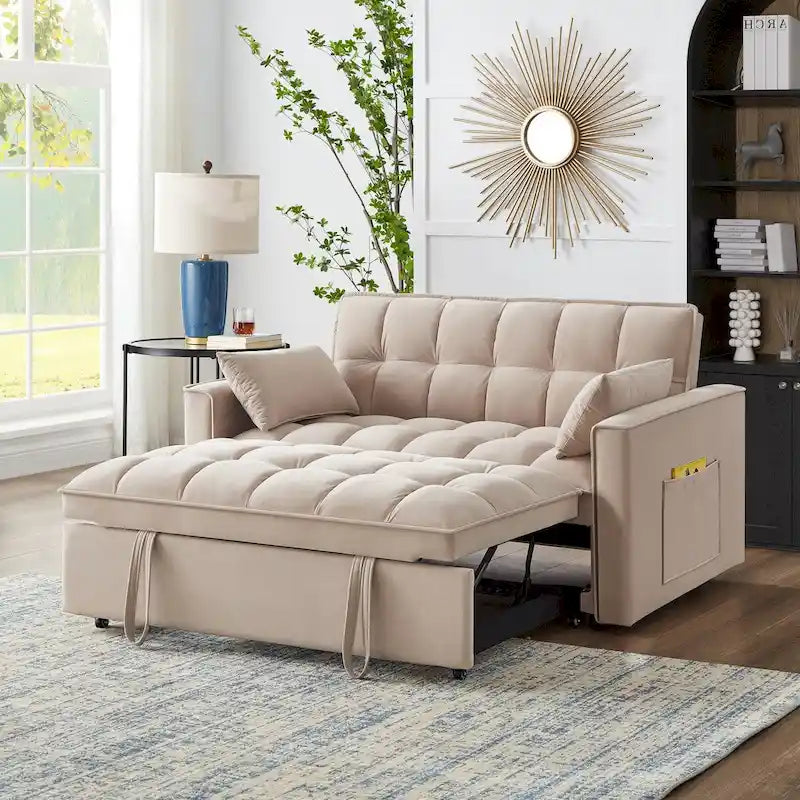 4-in-1 Velvet Pull-Out Sleeper Sofa Bed Loveseat With Reclining Backrest And 2 Side Pockets