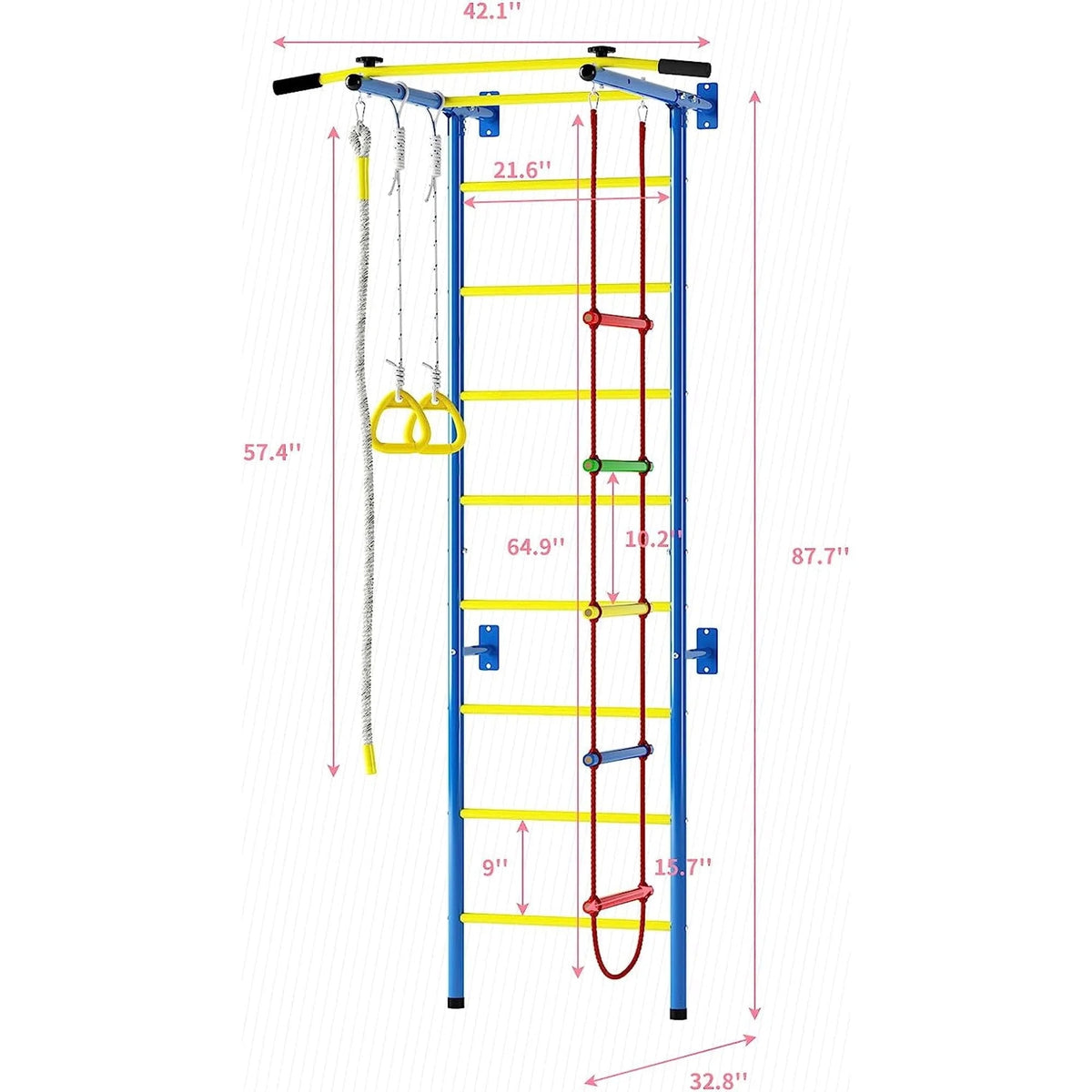 Cuoote Metal Wall Ladder Stall Bars Set With Pull-Up Bar, Climbing Rope And Gymnastic Rings - 5-In-1