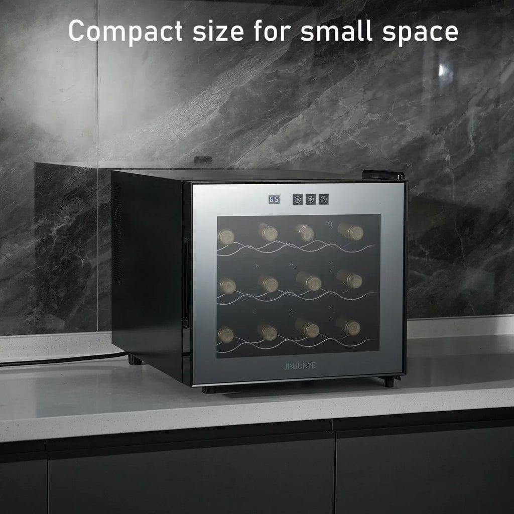 JINJUNYE Countertop Wine Cooler Refrigerator, 12 Bottle, Glass Door