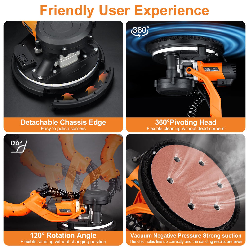 1000W Electric Drywall Sander With 4.9 Ft To 6.2 Ft Extension Pole And 15 Sanding Discs
