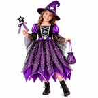 G`irls Purple Themed Dress Set, Kids Halloween Outfit with Witch Hat, Star Wand and Candy Pouch for Party Dress Up