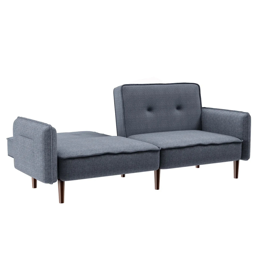 Modern Grey Fabric Futon Sofa Bed With Solid Wood Legs And Accent Pillows