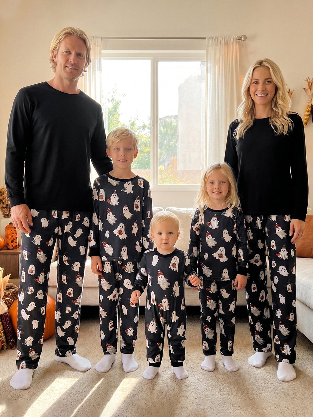 RUINIXCW Family Matching Halloween Ghost Pajama Set Black Long Sleeve Sleepwear for Trick or Treat Party Holiday Photos