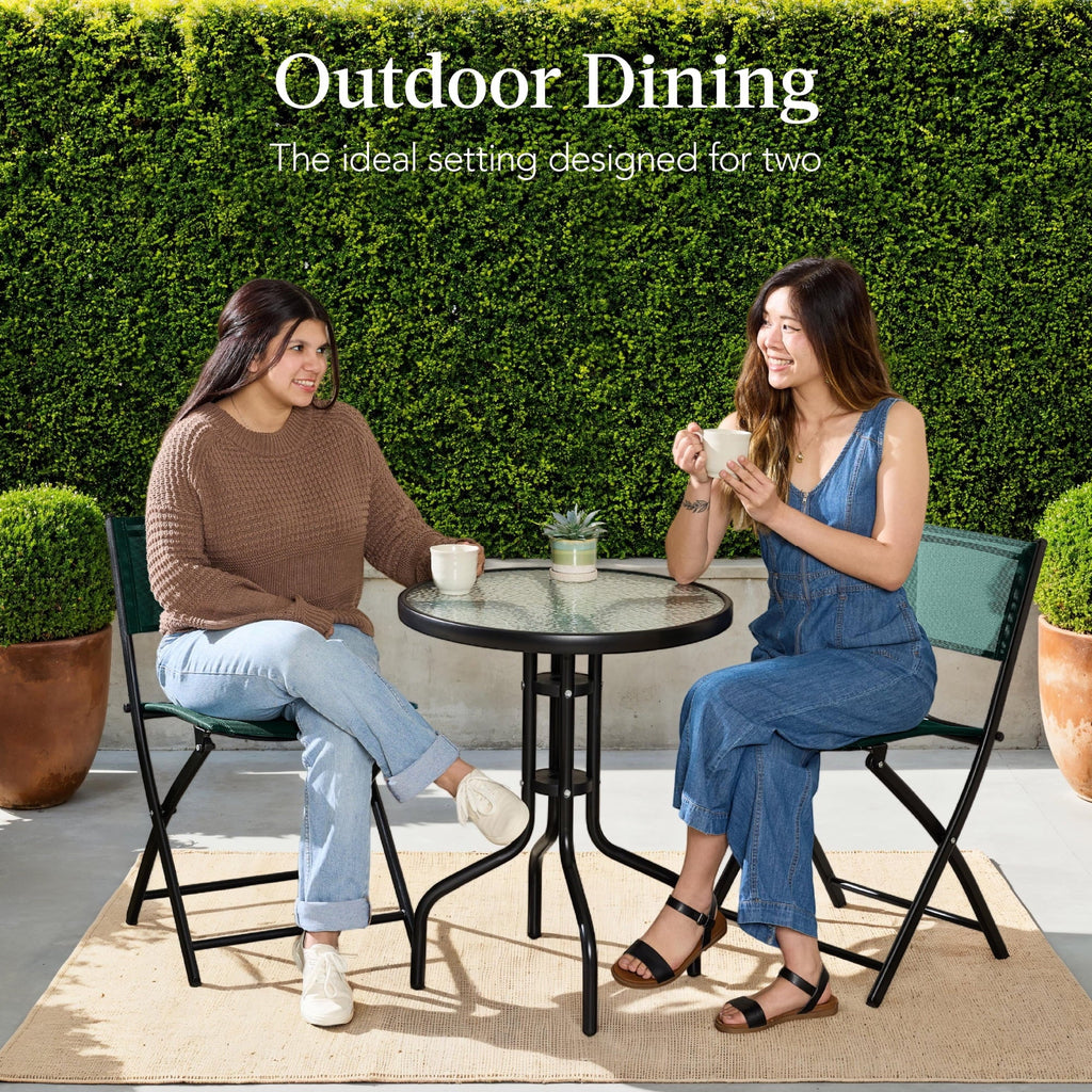 Best Choice Products 3-Piece Patio Bistro Dining Set With Glass Tabletop And Folding Chairs - Gray