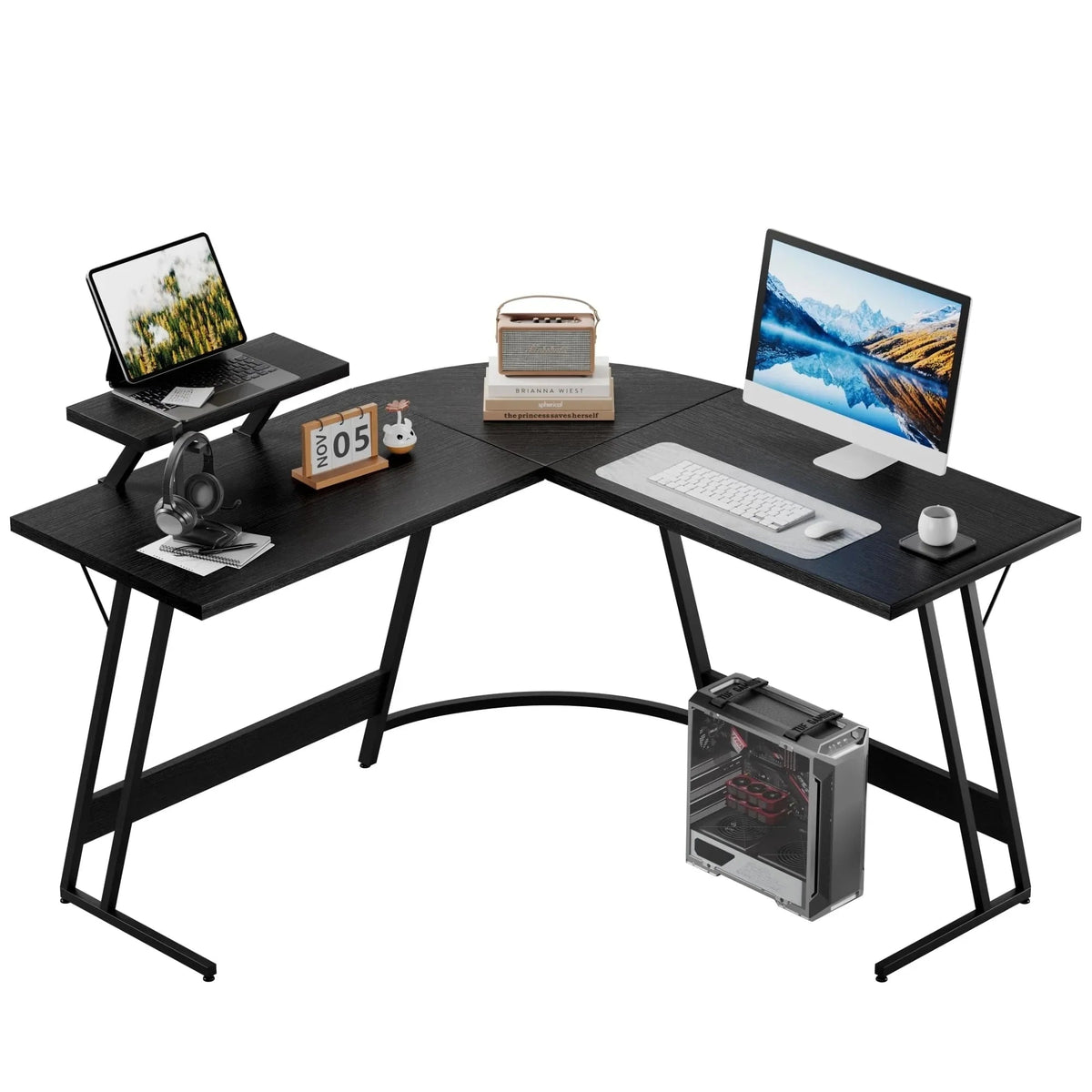 L-Shaped Gaming Computer Corner Desk With Monitor Stand - 220 lbs Capacity