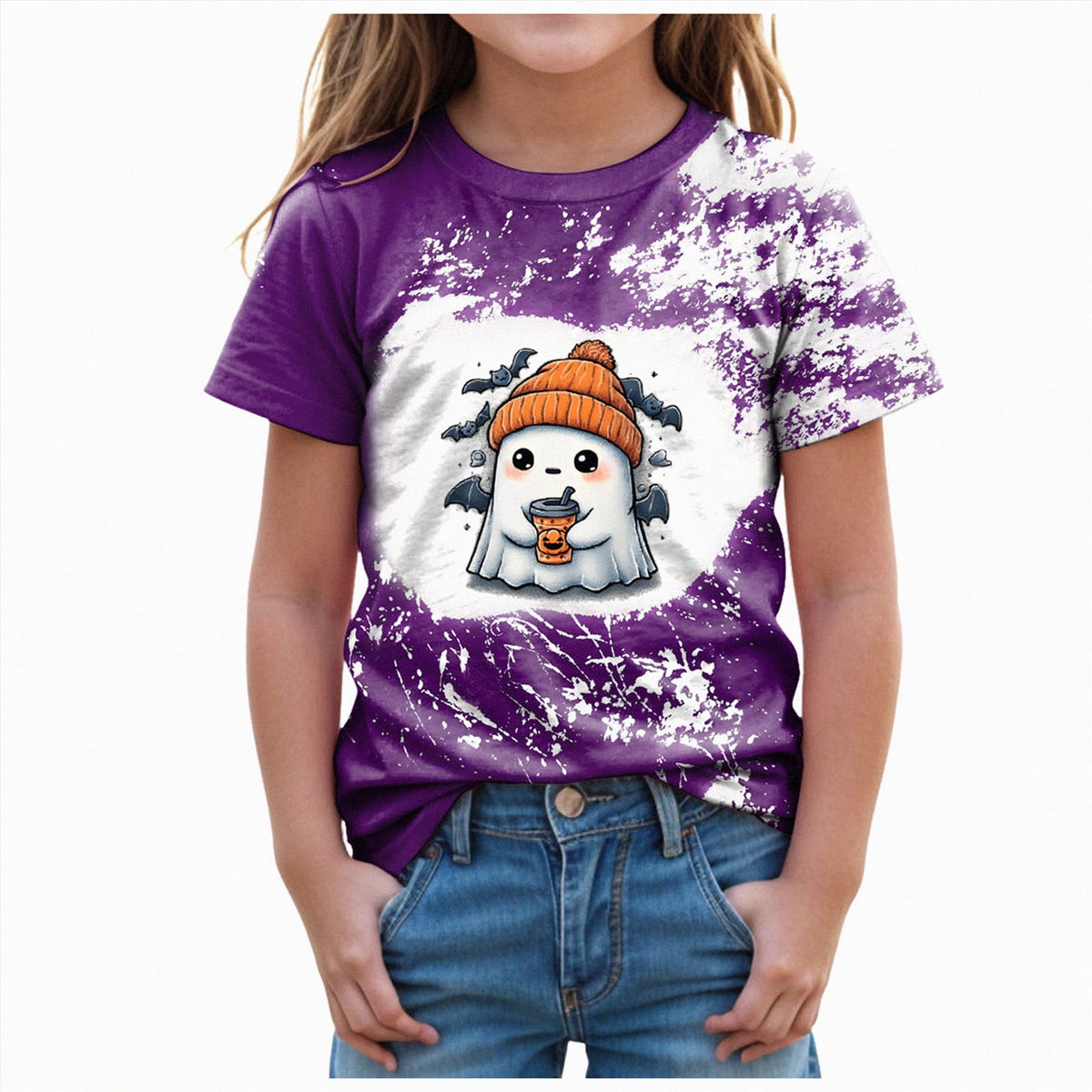 CAUYDY Halloween Ghouls Ghost Retro Girl Kids T-Shirt Graphic Tshirt Little Kids Fall Short Sleeve Tee Tops(Orange, 8-9 Y)