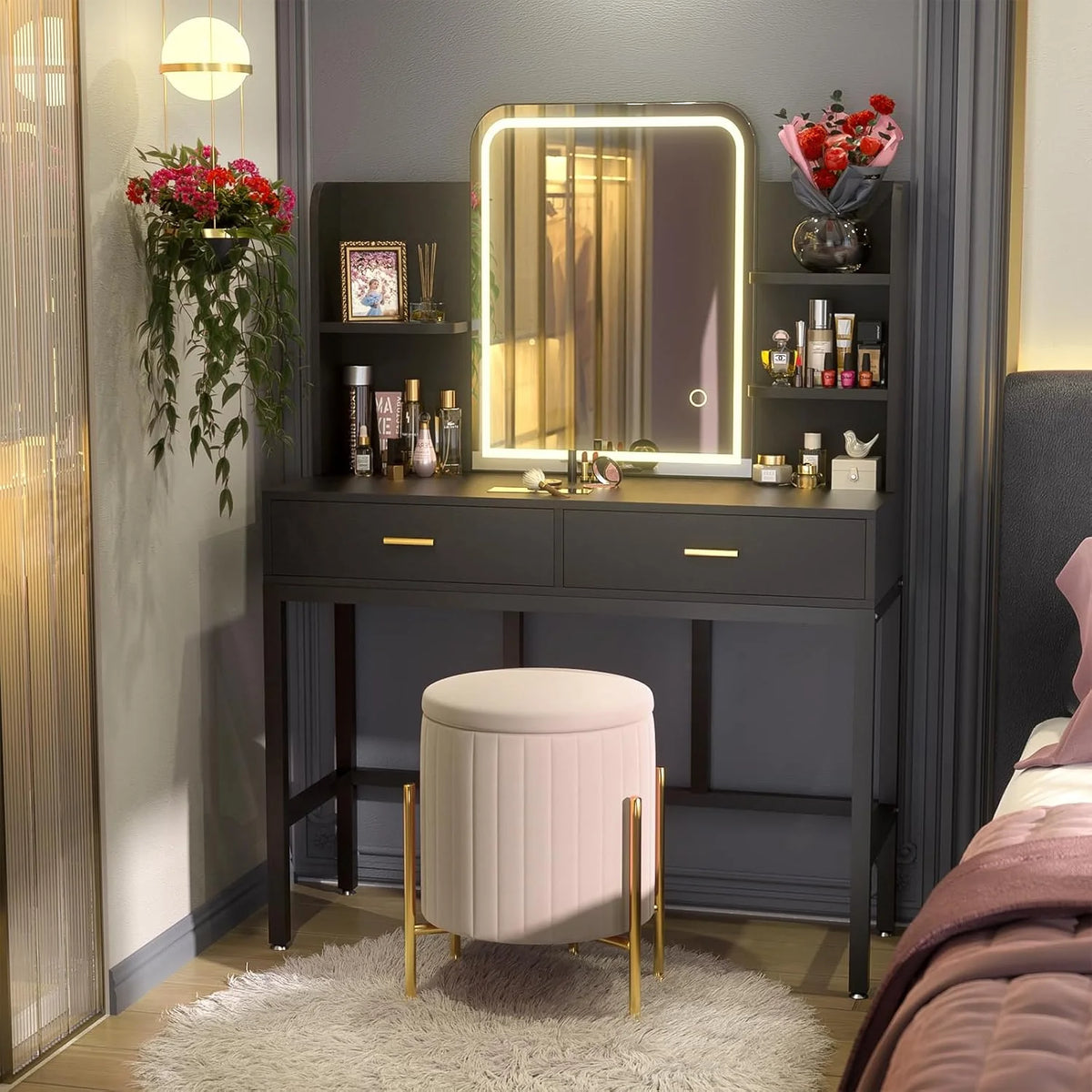 Cyclysio Makeup Vanity Desk With LED Mirror, 2 Drawers And 5 Open Shelves