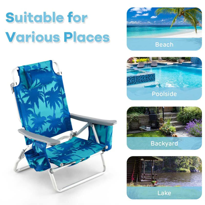 2-Pack 5-Position Outdoor Folding Backpack Beach Chairs With Side Table Set