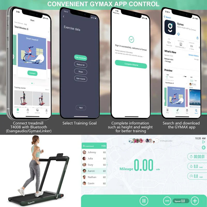 2 In 1 Folding Treadmill, 2.25 HP, 40 in x 16 in Running Area, Dual Display And App Control