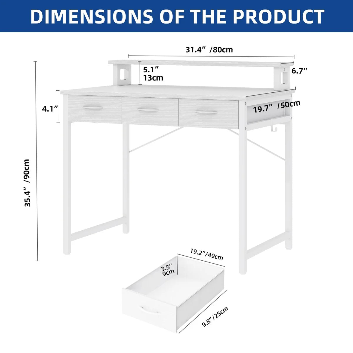 Computer Desk With 3 Fabric Drawers And Monitor Stand