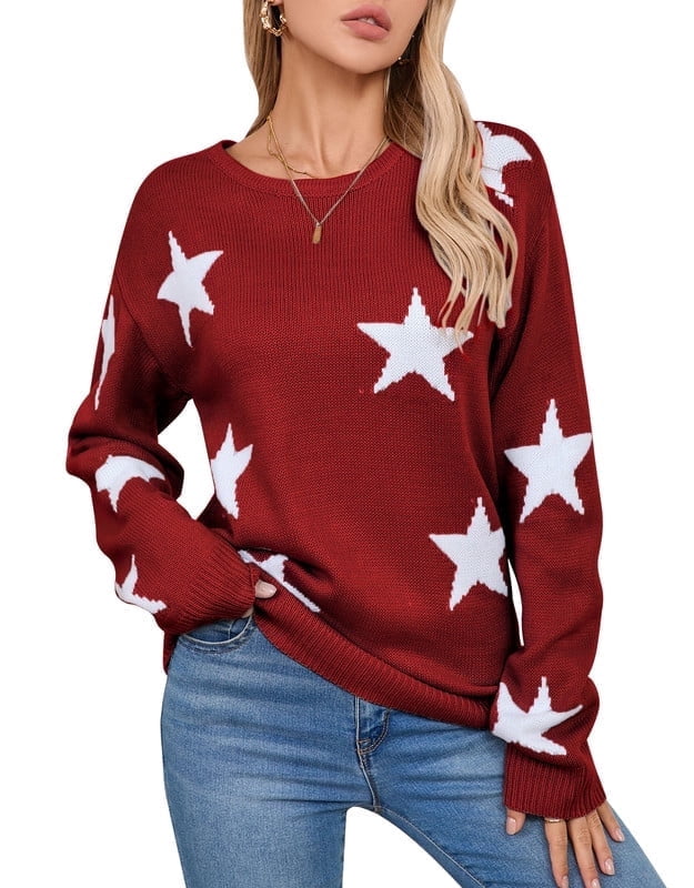 Crewneck Sweaters for Women Trendy Star Sweater Casual Pullover Sweaters Fall Lightweight Womens Sweaters Shermie