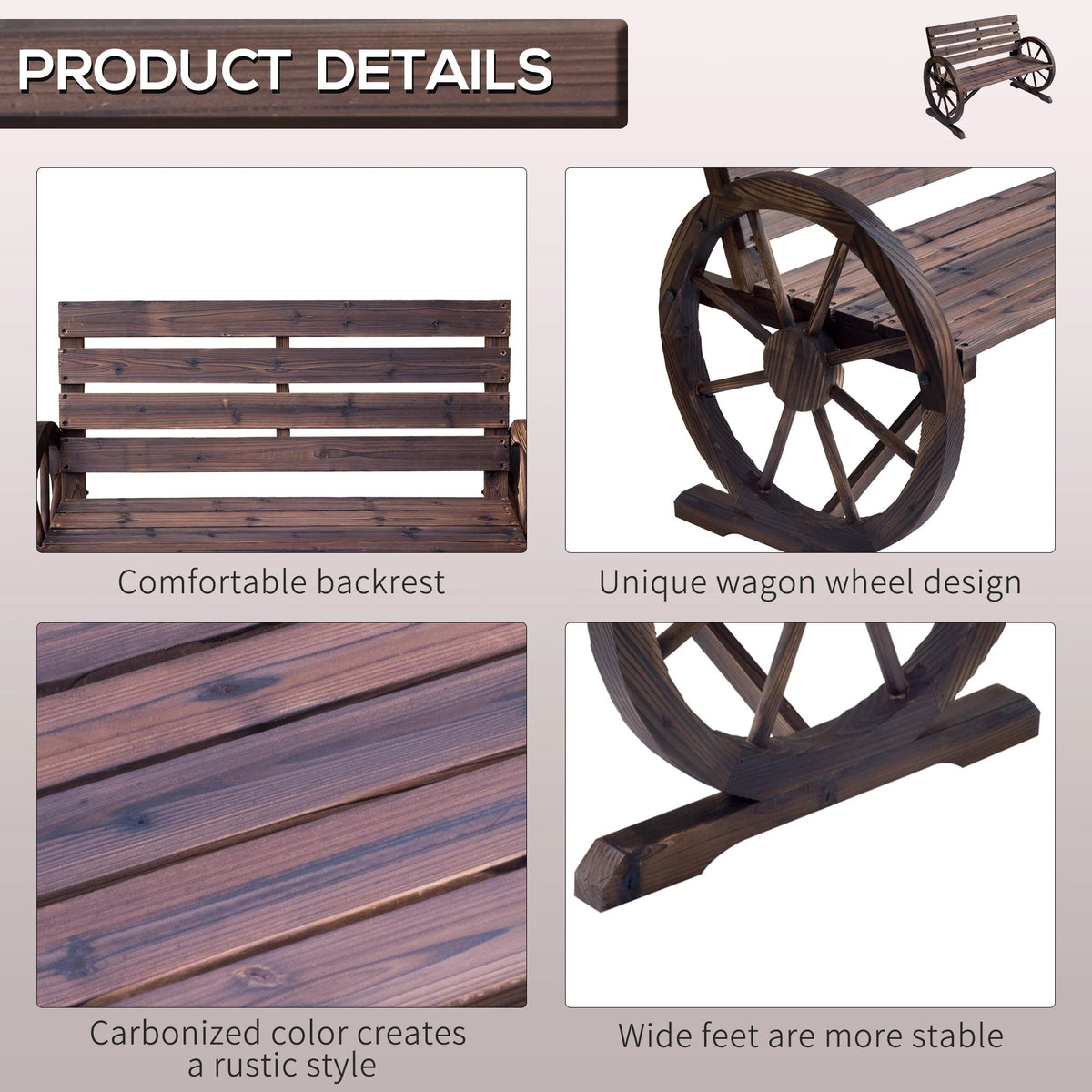 Outsunny Wooden Wagon Wheel Bench, 2-Person, Fir Wood, Carbonized, 41.5in L x 23.25in W x 29.5in H - 84B-183
