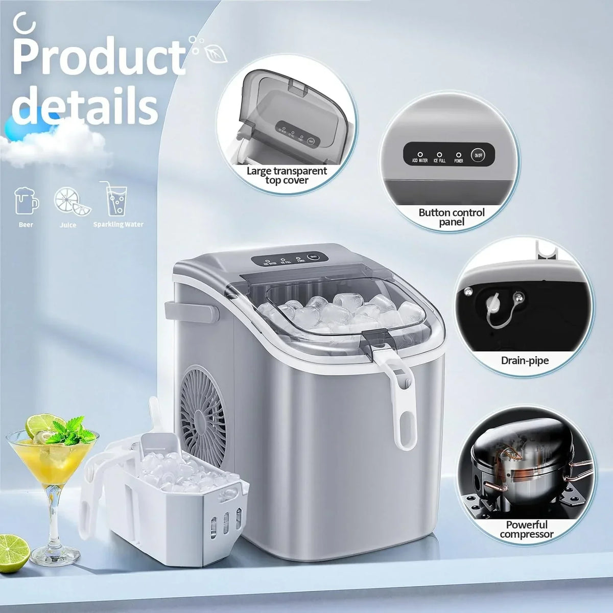 Countertop Nugget Ice Maker, 1.1 Liters, 34 lbs/24H, 8.66 x 11.30 x 12.68 inches, Black