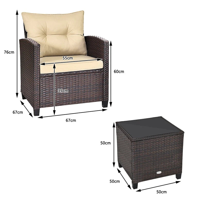 3-Piece Rattan Patio Conversation Set With Cushions And Coffee Table
