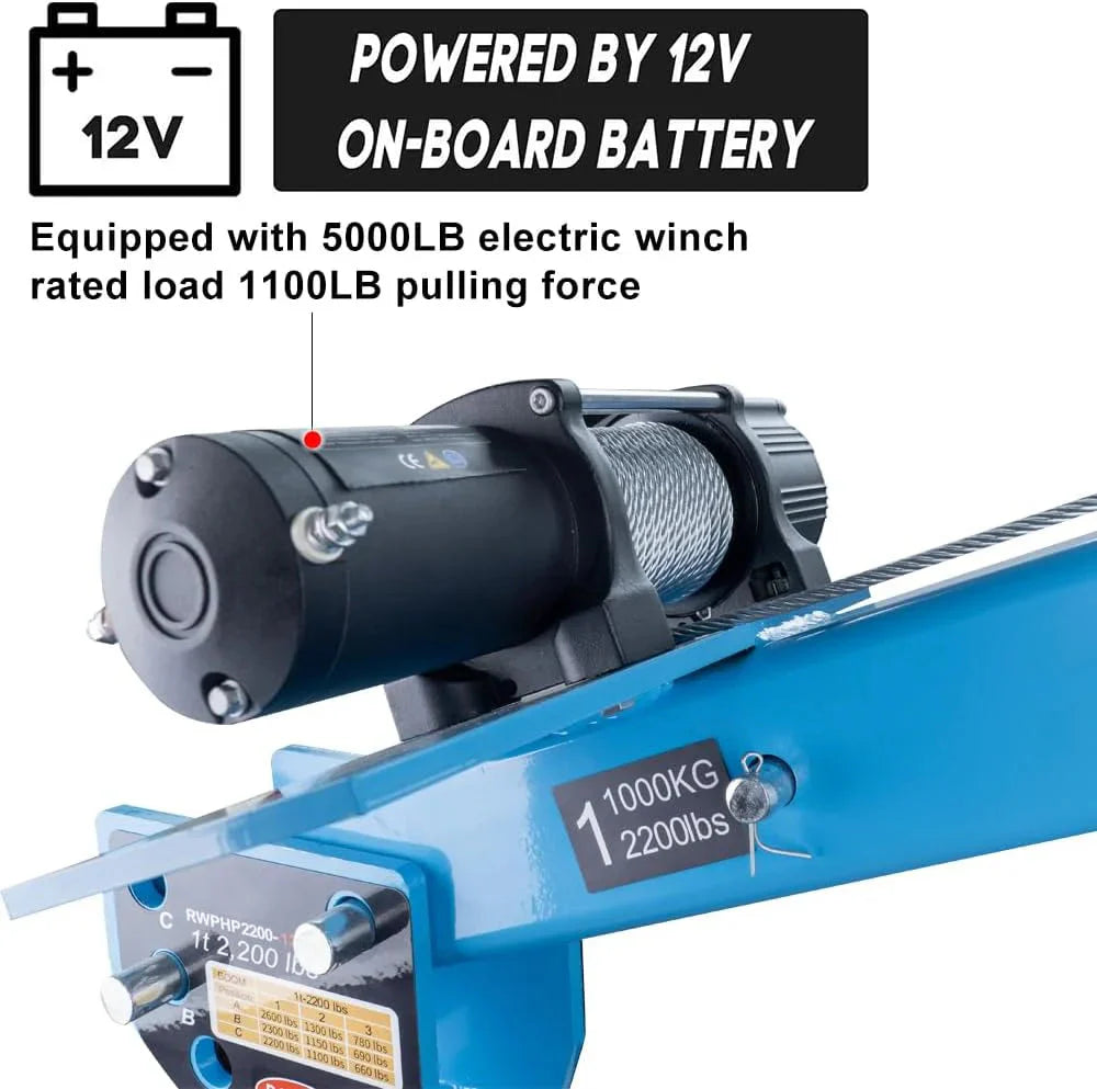 Pismire Folding Truck-Mounted Bed Crane Hoist, 1100 lb, 3500 lb 12V Electric Winch, Yellow Painted Steel - 3500lb