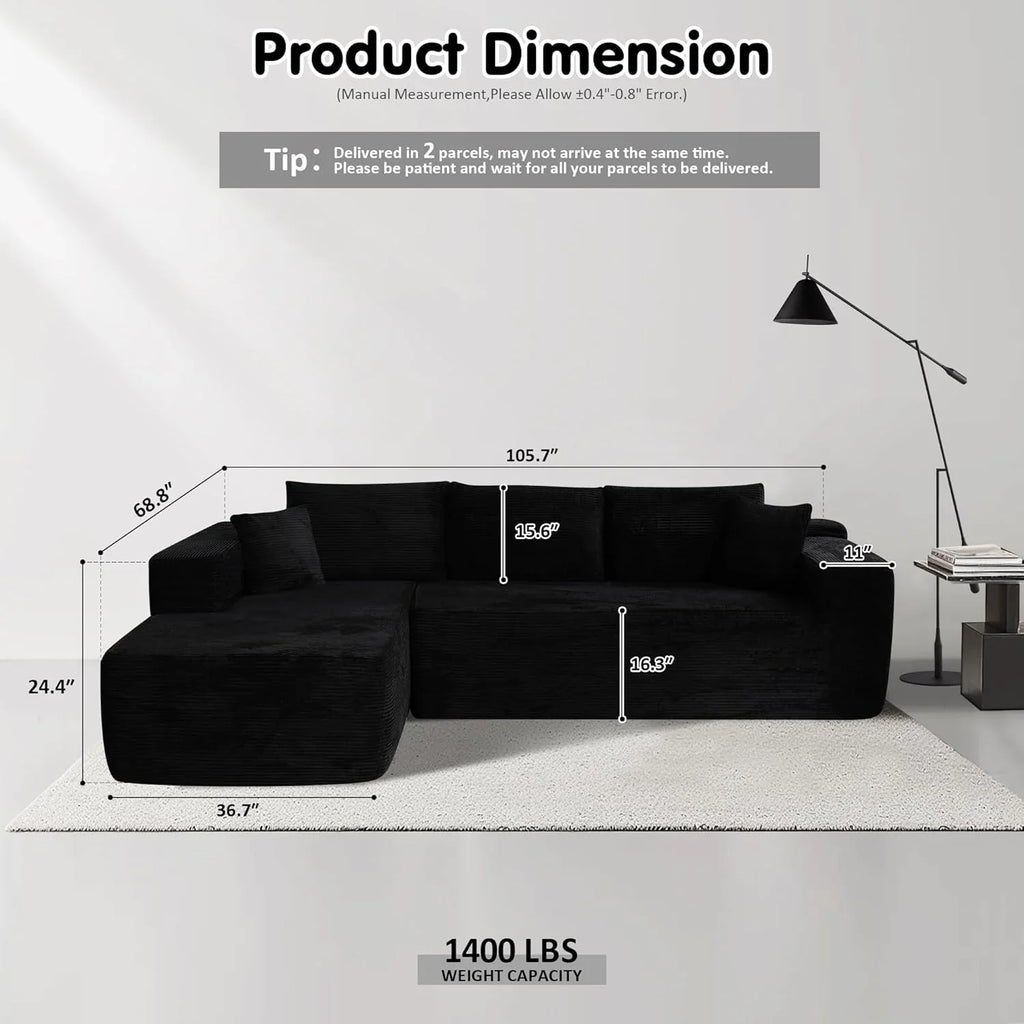 ovios 104in L-Shape Sectional Sofa With Chaise, Grey Plush Corduroy Fabric