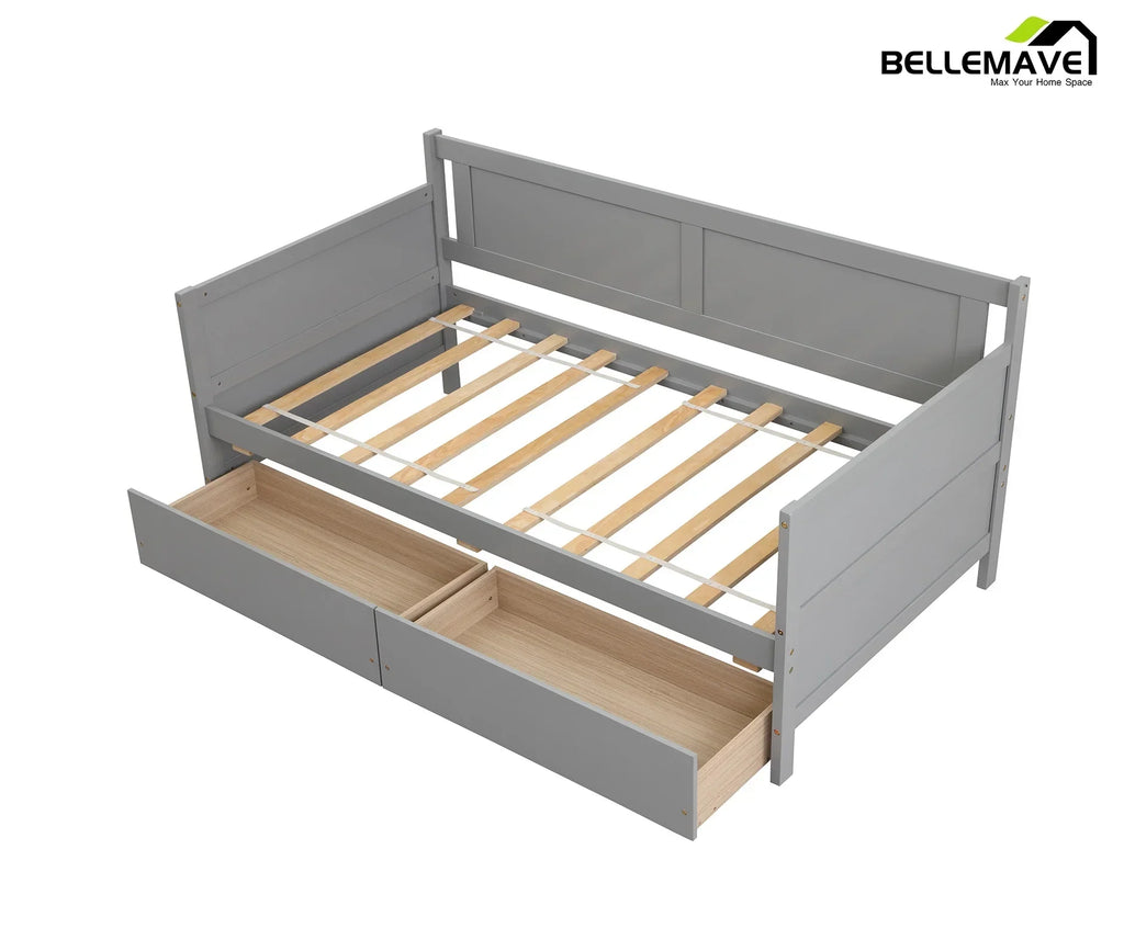 Bellemave Twin Wood Storage Daybed With 2 Drawers, Gray
